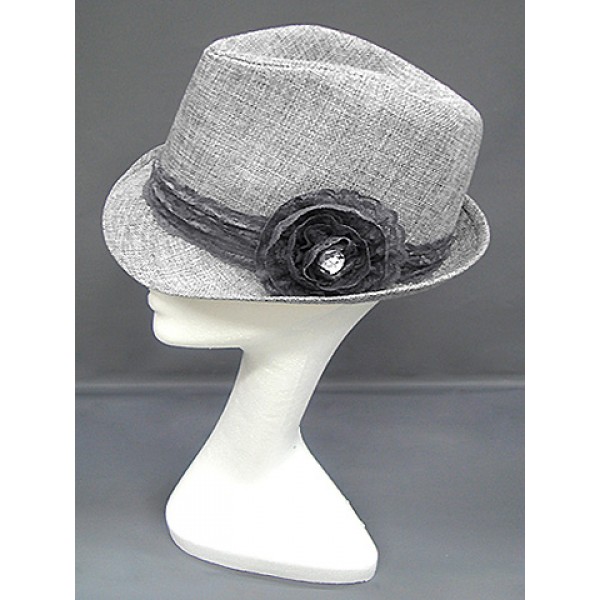 Fedora Straw Hat w/ Lace Trim Corsage - Silver - HT-1184SI